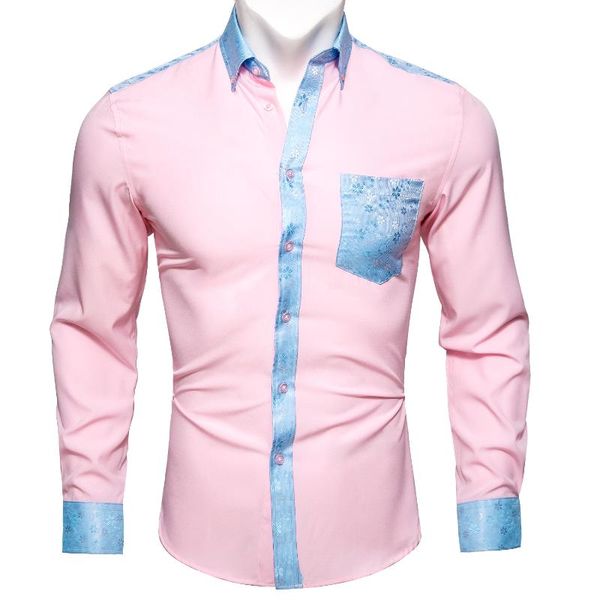 Camicie eleganti da uomo Barry.Wang Camicia da uomo a maniche lunghe con impunture floreali blu tinta unita rosa Casual morbida per uomo Designer Fit BCY-0313