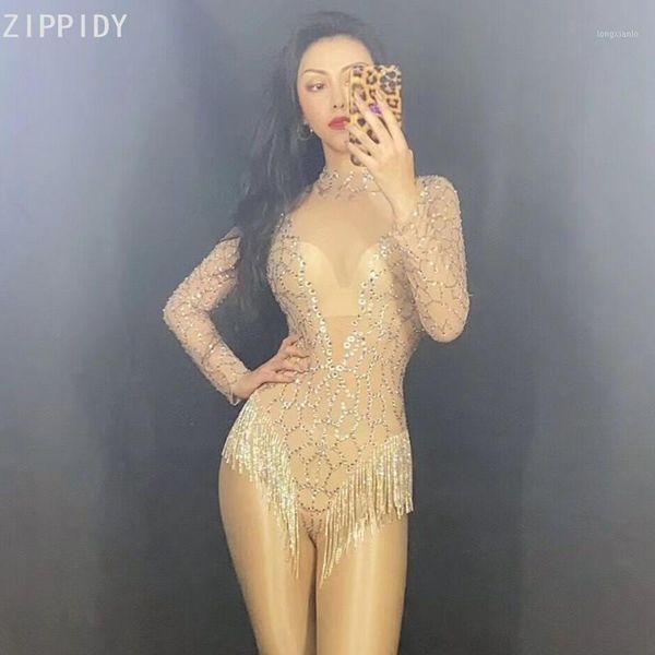 

silver rhinestone fringe transparent bodysuit women dancer ds backless wear birthday celebrate bar outfit youdu1, Black;red