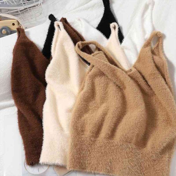 

women summer solid fuzzy knitted crop v neck fluffy plain camis straps cosy cropped korean styles, White