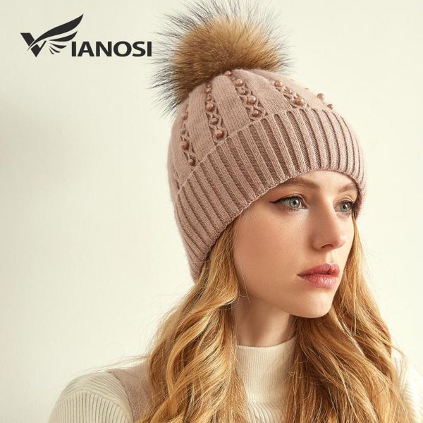 

beanie/skull caps vianosi fashion thick winter hats for women fur pompom luxury pearl wool warm beanies female, Blue;gray