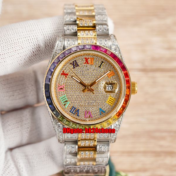 

8 styles luxury watches 41mm datejust rainbow iced out full diamond cal.3255 automatic mens watch pavÃ© diamonds dial 18k gold two tone brace, Slivery;brown
