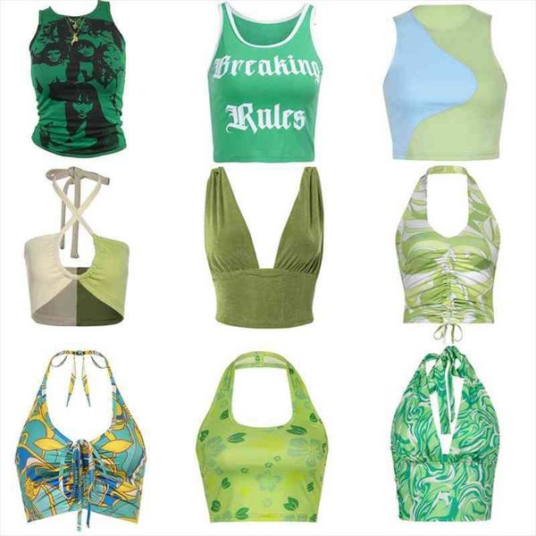 

90s women cami y2k aesthetic green v neck sleeveless halter crop vest e-girl vintage summer tank clothes, White