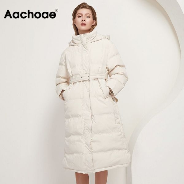 

aachoae women 90% white duck down long coats with belt winter thick warm hooded coat parka female outwear down jacket 201203, Black