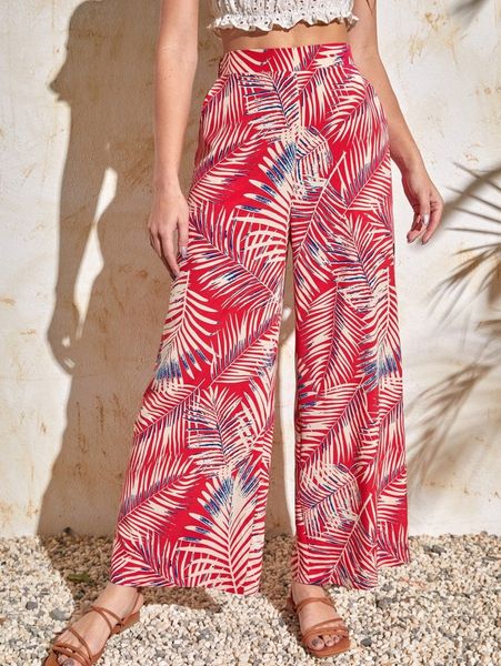

tropical print high waist wide leg pants b9yc#, Black;white