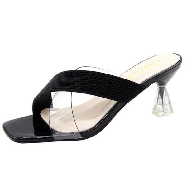 

slippers women summer fashion square head cross transparent belt sandals and women's crystal heel shoes zy103, Black