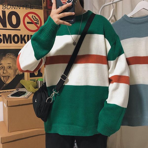 

pullovers men patchwork long sleeve panelled knitted sweaters harajuku korean leisure stylish trendy streetwear all-match loose, White;black