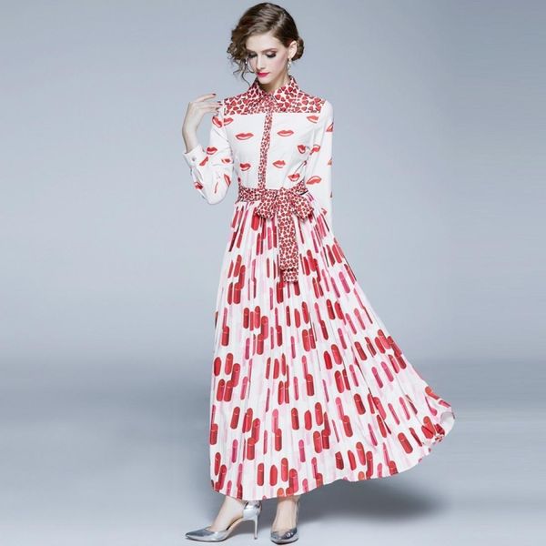 

lapel peach heart lipstick print swing pleated waist dress, Black;pink