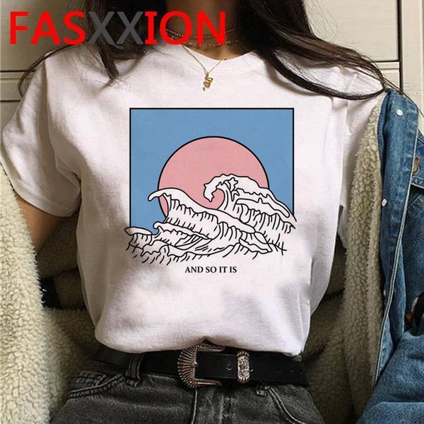 

новая vaporwave t рубашка женщины летняя топ плюс размер великая волна эстетическая футболка гранж мультфильм графические тройники корейский, White