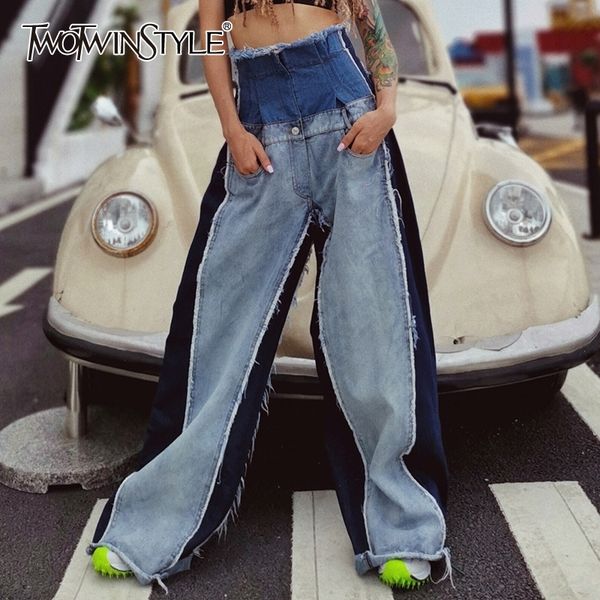 

twotwinstyle denim patchwork trousers women high waist hit color large size wide leg pants female fashion autumn tide 201031, Black;white
