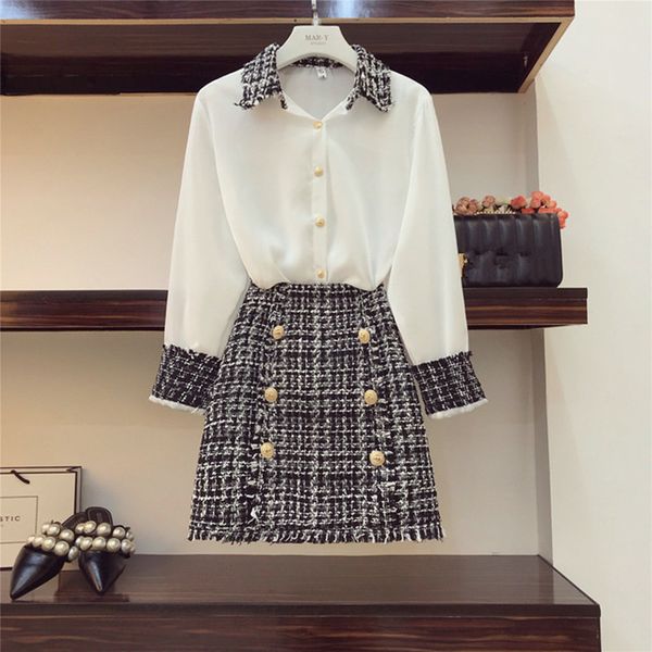 

elegant women 2 piece set women tweed tassels chiffon shirt + double-breasted woolen pencil mini skirt suit x0923, Gray