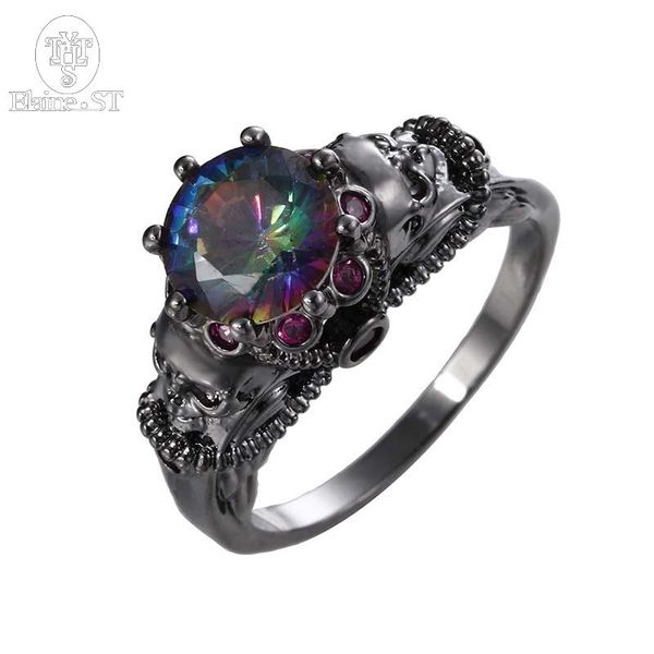 

cluster rings vintage punk gothic skull black gold filled jewelry women men's ring men jewelery multicolor cubic zircon skeleton, Golden;silver