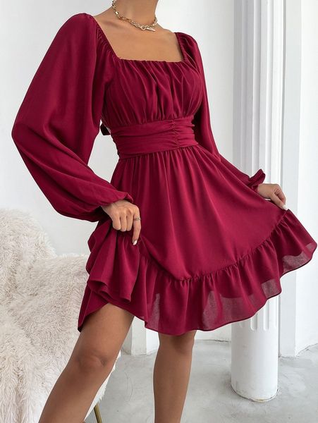 

knot back lantern sleeve ruffle hem dress f7l7#, Black;gray