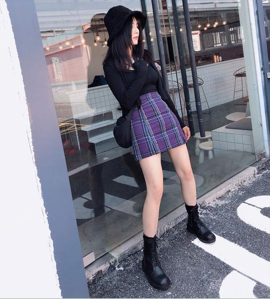 

женщина моды street style высокой талией юбка фиолетовый и черновато зеленый клетчатый формованное очаровательная мода короткая юбка xs 5xl, Black
