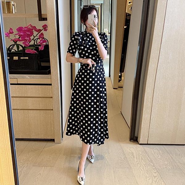 

designer 2020 summer new women's fashion party vintage elegant chic gentlewoman dot print casual midi dress1, Black;gray