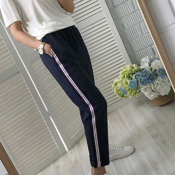 

women pants and fall casual pants striped side with decorative elastic waist harem pants y19070101, Black;white