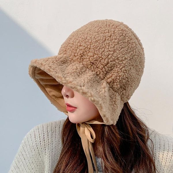 

beanie/skull caps sparsil winter women cute wool ear student plush thicken outdoor warm windproof beanies solid color wide brim lace up hats, Blue;gray