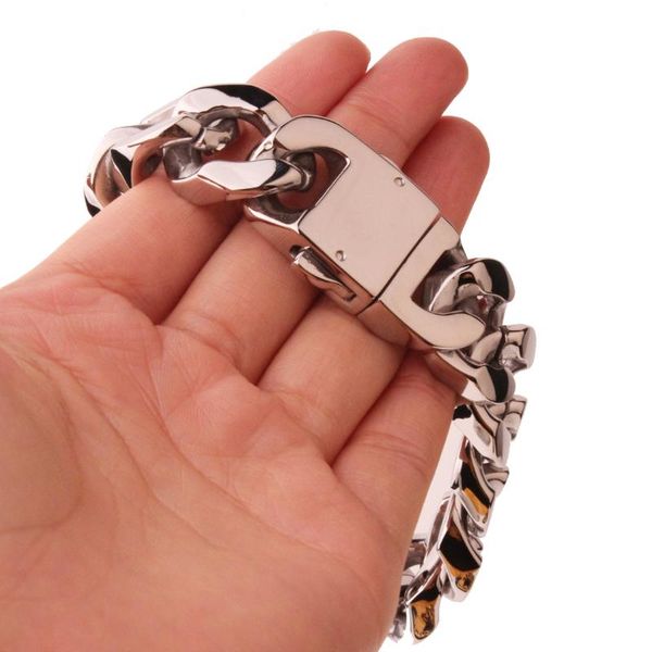 

silver color polished stainless steel bracelet for men cuban link chain punk hip hop bracelets bangles fashion jewelry mens gift, Black