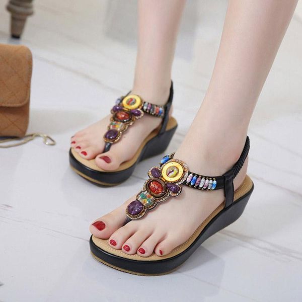 

sandals slope woman beads plus size soft summer women shoes fashion open toe wedges y, Black