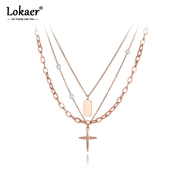 

chains lokaer titanium stainless steel cross pearl charm necklaces fashion bohemia three layers link chain necklace for women n20286, Silver