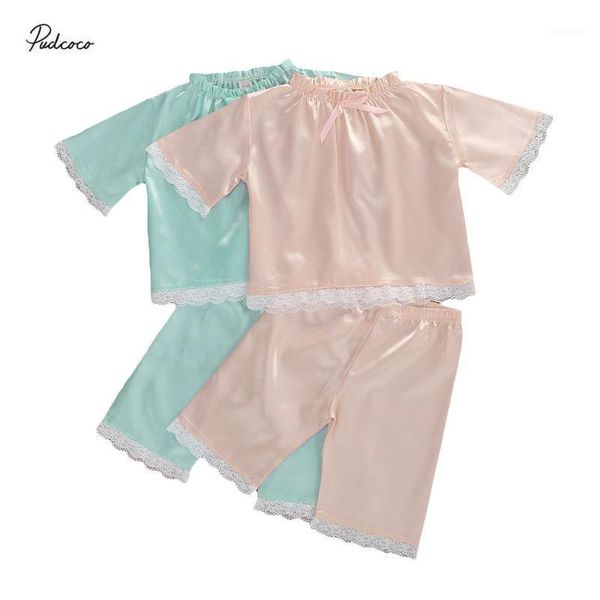 

2020 baby sleepwear clothing infant kids 1-6t baby girls ice silk lace 2pcs pajama sets loose shirt wide pants1, Blue;red