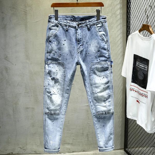 

comfortable stretch cotton denim ripped jeans men skinny high street male jeans frayed casual pants biker1, Blue