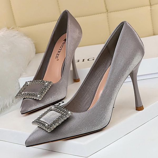 

dress shoes 2021 women pointed toe pumps high heels boat wedding pump with rhinestone plus big size 34-431, Black