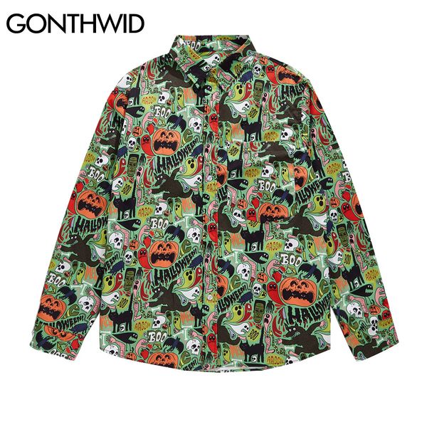 

хэллоуин тыква призрак печати с длинным рукавом куртки пальто streetwear mens 2020 hip hop повседневная рубашка tops отдыха, White;black