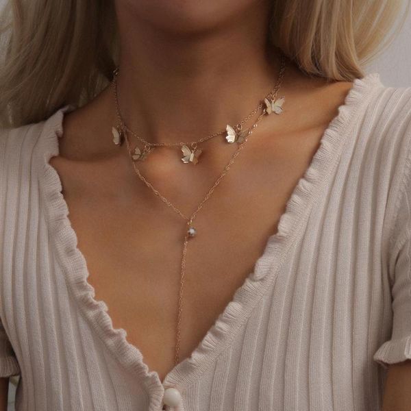 

hc bohemia metal butterfly clavicle ожерелье мода длинная цепочка 2 слоя choker ожерелье женщины подарочная коллер femme crystal ювелирные и, Silver