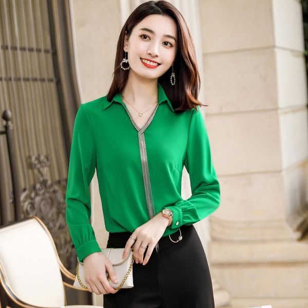 

elegant green long sleeve blouses shirts for women styles ladies office work wear blouse spring autumn clothes v-neck, White