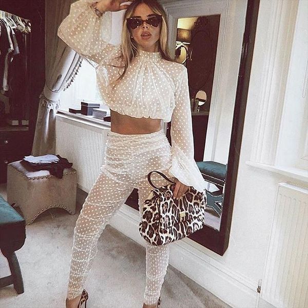 

women polka dots sheer mesh two piece sets see through lantern sleeve crop high waisted pencil pants clubwear outfits, Gray