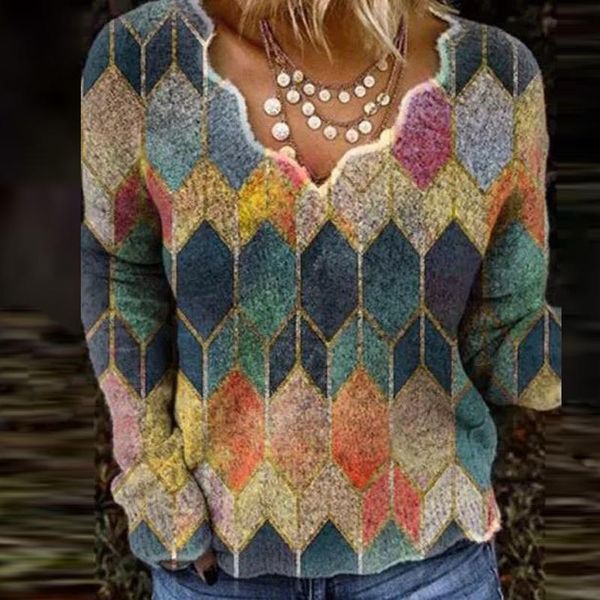 

women autumn winter vintage geometric print sweaters elegant v-neck knit female fashion casual long sleeve pullover jumper, White;black