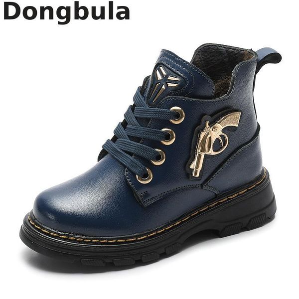 

winter new boys children's genuine leather trend martin boots plush warm foot ankle outdoor sports shoes, Black;red