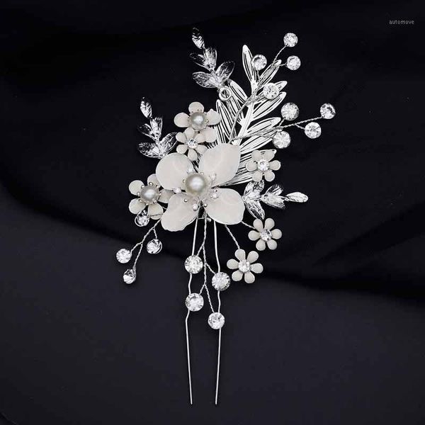 

acrddk imitation pearls flower hair clip silver color alloy leaf hairpin bridal wedding hair jewelry accessories headpeice1, Golden;silver