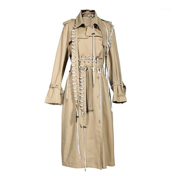 

high street 2020 fall winter designer trench women's rope lacing stylish trench coat1, Tan;black