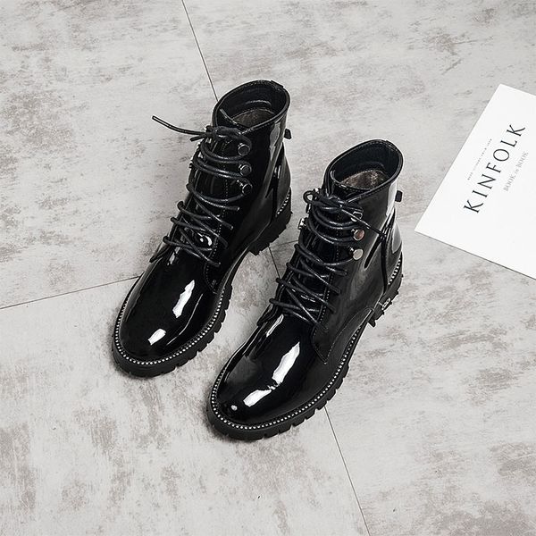

women's leather boots 34-40 thick machine ladies autumn fashion round head patent leather lace black martin y200723