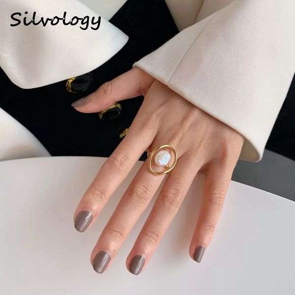 

silvology natural freshwater pearl rings original 925 sterling silver irregular winding pearl rings for women jewelry designers 201006, Golden;silver