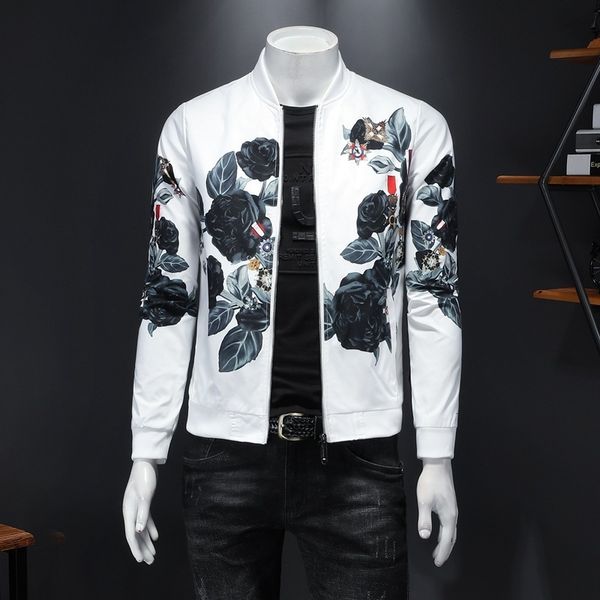 

2020 new autumn men's baseball collar korean flower print youth fashion jacket, Black;brown
