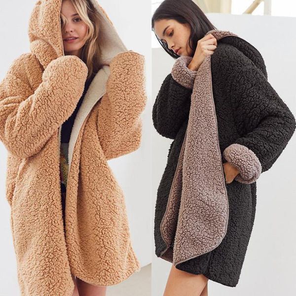 

women coat new lamb hair double-sided lazy coat women autumn winter warm cotton jacket 2020 new arrival casual hooded coats, Black;white