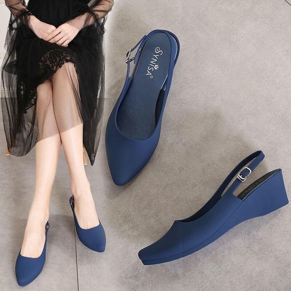 

women summer sandals jelly shoes med square heels pumps pointed toe back buckle strap shoes anti skid rain, Black