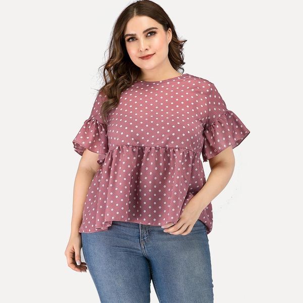 

amtivaya woman plus size big chiffon round neck blouse polka dot printing ruffled 2020 summer new clothes, White