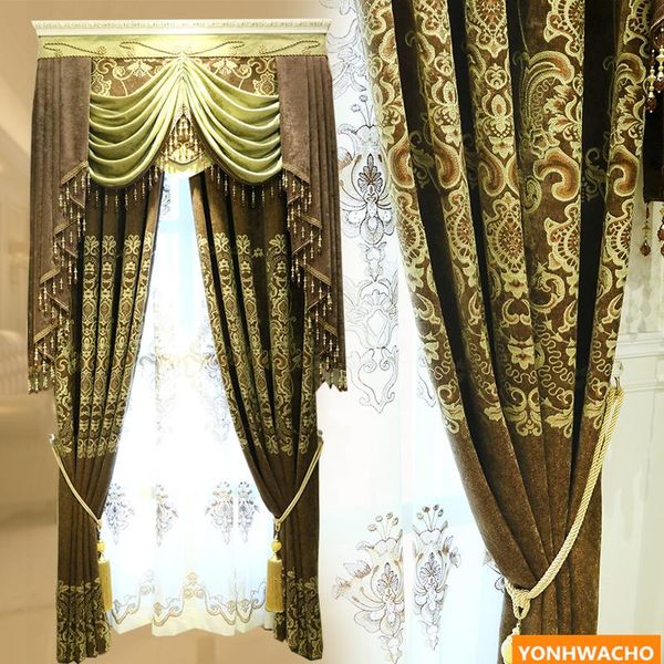 

custom curtains embroidered luxury large flower classical european american brown cloth blackout curtain tulle valance n642