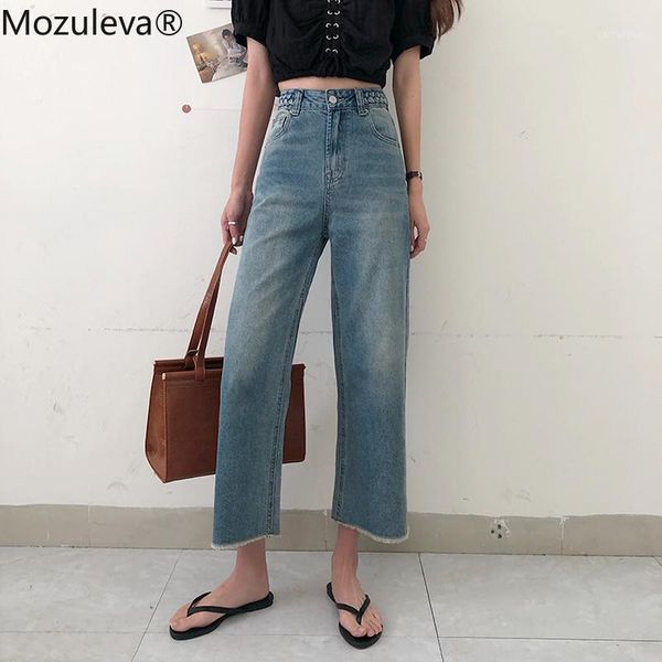 

mozuleva 2020 autumn pants loose straight jeans ankle-length pants button high vintage softener high waist jeans female1, Blue