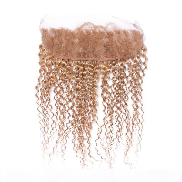 

9a malaysian kinky curly honey blonde 13x4 lace frontals #27 strawberry blonde curly ear to ear lace frontal closure bleached knots, Black;brown