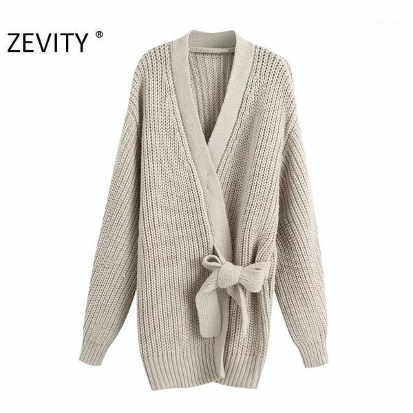 

zevity new women fashion cross v neck bow tied cardigan knitting sweater lady long sleeve kimono casual sweaters chic s4001, White