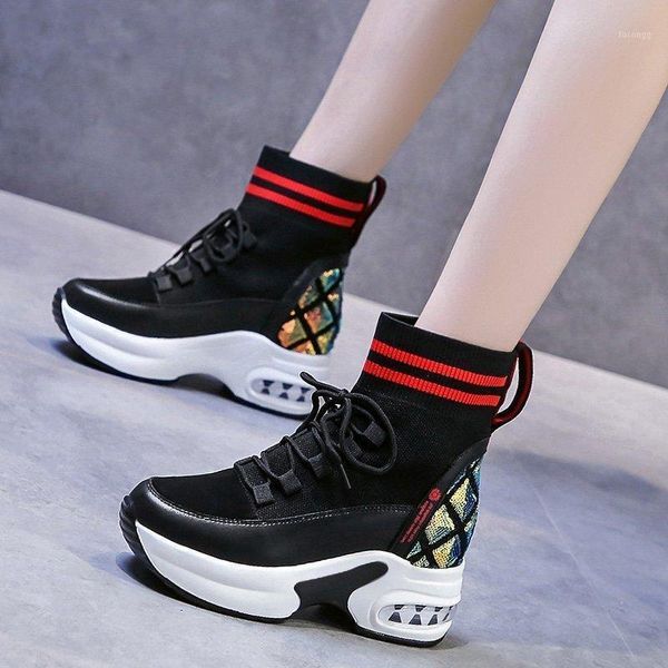 

fashion sequins women platform ankle boots autumn winter 2020 height increasing casual sock shoes woman chunky sneakers1, Black