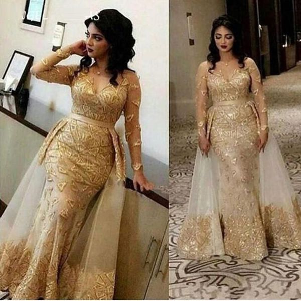 2021 Arabic Gold Champagne Evening Dresses Wear for Women Mermaid Lace Appliques Beads Overskirts Floor Length Formal Prom Dress Party Gowns
