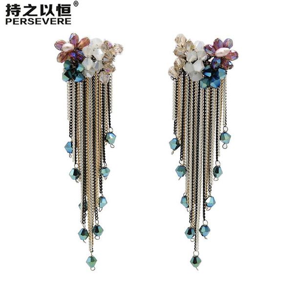 

dangle & chandelier boho crystal handmade beaded flower chain long tassel earrings for women party fashion bohemian jewelry 202, Silver