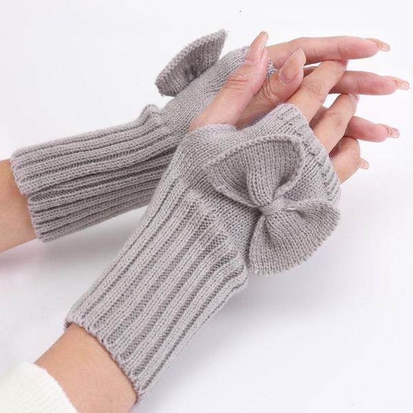 

fashion korean version of autumn and winter women' bowknot cute knitted gloves woolen warm half fingerless comfortable gloves, Blue;gray