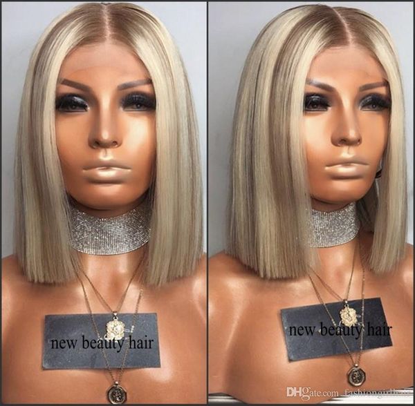 

deep middle part brown roots ombre blonde short full lace front wigs synthetic heat resistant brazilian hair bob wig for white black women
