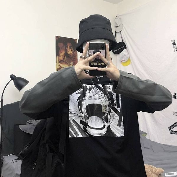 

мультфильм one piece t shirt обезьяна d luffy мужчины футболка casual cute амин tshirt hip hop печатается с длинным рукавом осень high stree, White;black